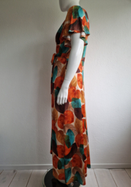 Vintage Chic maxi dress Freya. Maat 16, Oranje/bladprint.