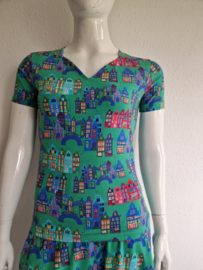 Lien & Giel set (rok en top). Maat L. Groen/huisjesprint.