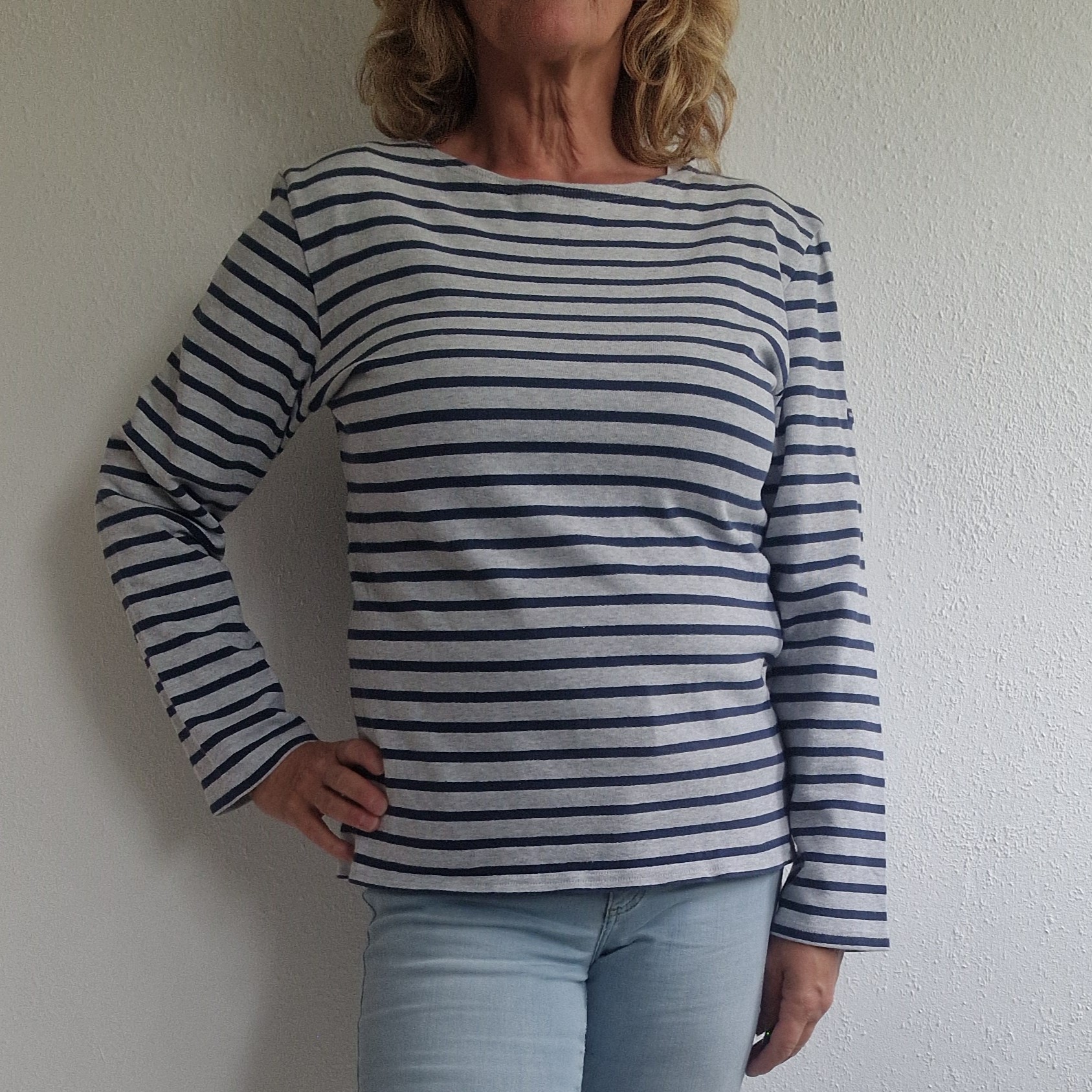 Saint James sweater. Maat M. Grijs/blauw gestreept.
