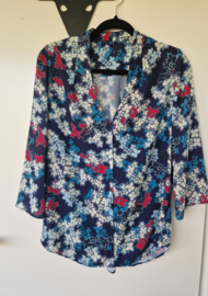 NYDJ blouse top met V-hals. Mt. 38/40. Blauw/print.