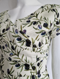 Vintage look jurk. Maat 42, Crème/olijvenprint.