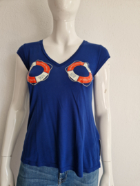 Elisabetta Franchi shirt met V-hals.Maat 38. Donkerblauw/reddingsboeienprint.