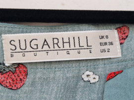 Sugarhill top met V-hals. Maat 36, Groen/aardbeienprint.