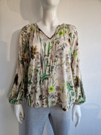 Geisha blouse top. Maat M, Crème/print.