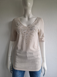 Claudia Sträter top met V-hals. Maat 40, Beige/lovers.