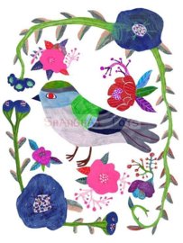 KK ( postcard bird with blue flowers )