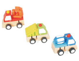 H 066 ( wooden wind up mini trucks ) ----- 9 pcs in display