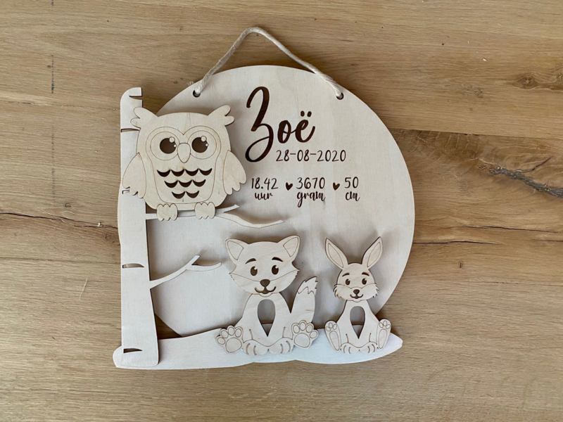 Rond geboortebord van hout Bosdieren Baby/Kinderkamer Jouw kadowinkel