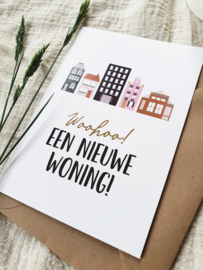 Dubbele wenskaart + envelop | Woohoo! Een nieuwe woning | Goudfolie