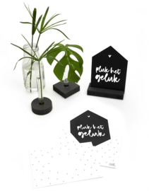 Zwarte kaart huisje 'Pluk het geluk' met bedrukte envelop