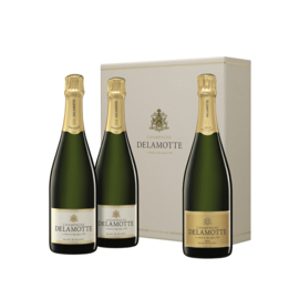 2 flessen Delamotte Champagne Blanc de Blancs + 1 fles Champagne Delamotte Blanc de Blancs Vintage 2014 in een cadeaubox