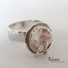 Zilveren ring met parel | ringmaat 18