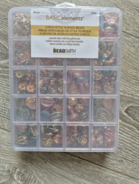 Doosje assortiment kralen- Roze/Turq tinten met een streepje goud