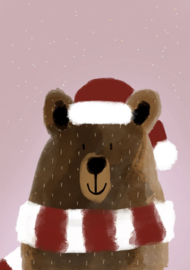 miek illustreert | Ansichtkaart Kerstbeer roze