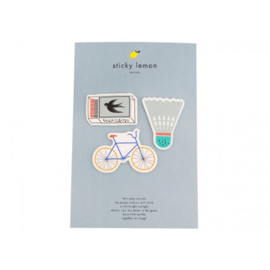 Sticky Lemon | Set van 3 patches Fiets, Badminton Shuttle en Luciferdoosje