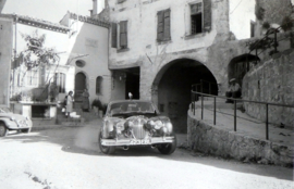 Jaguar MKII Coupe Des Alpes 1963 - With Aiglun town hall in the background (France)