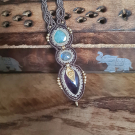 Macramé ketting Amazoniet, Maansteen en Amethist