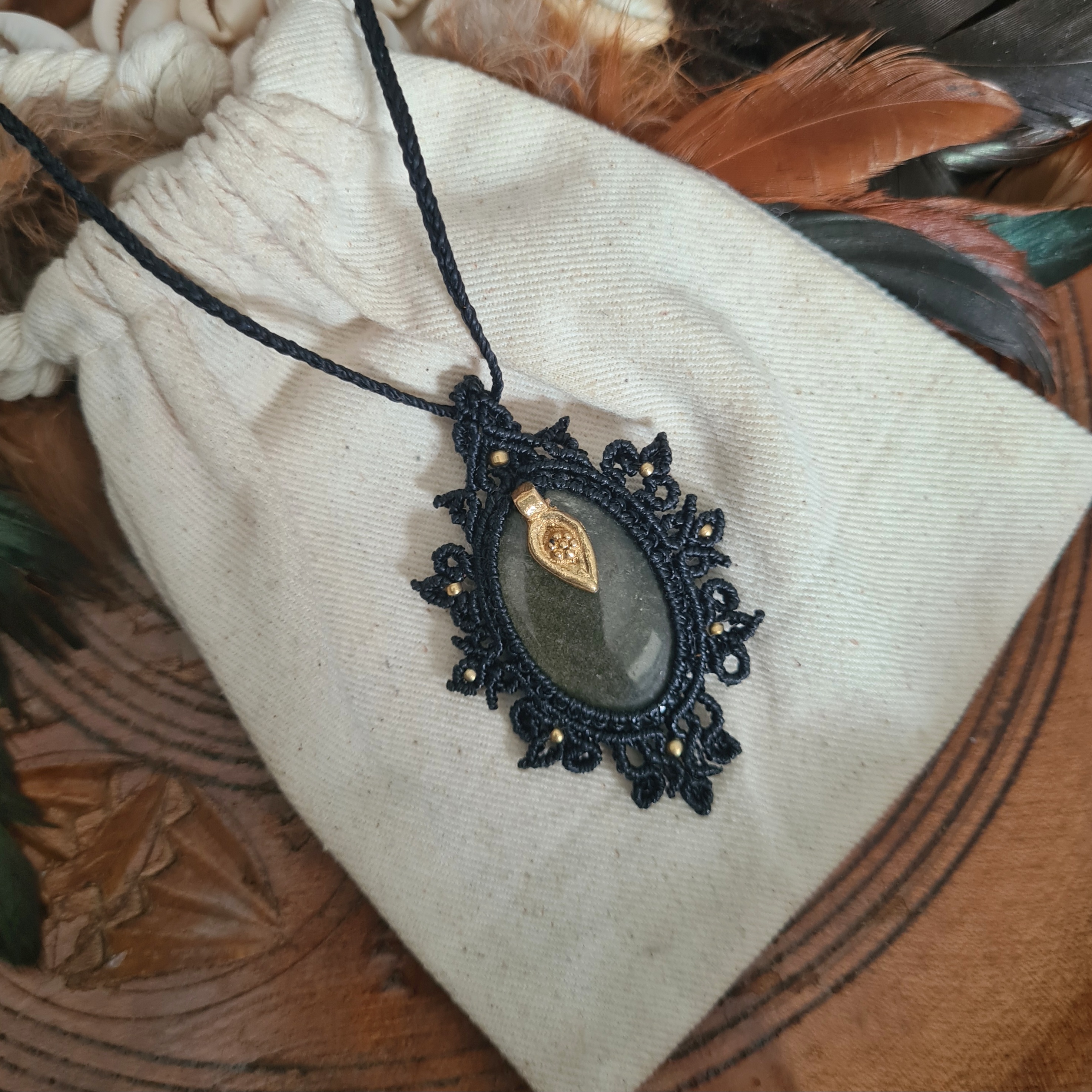 Macramé ketting Obsidiaan Gold