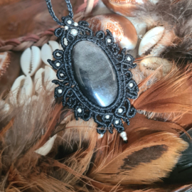 Macramé ketting Obsidiaan Silver