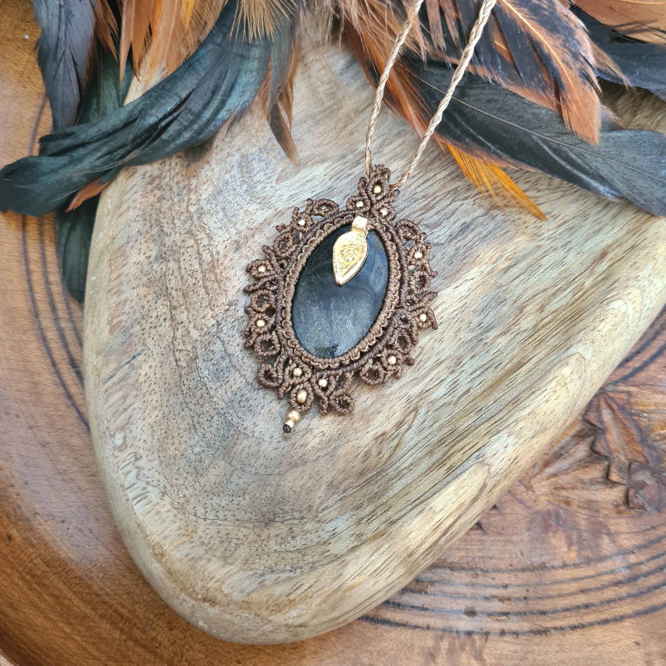 Macramé ketting Obsidiaan Gold