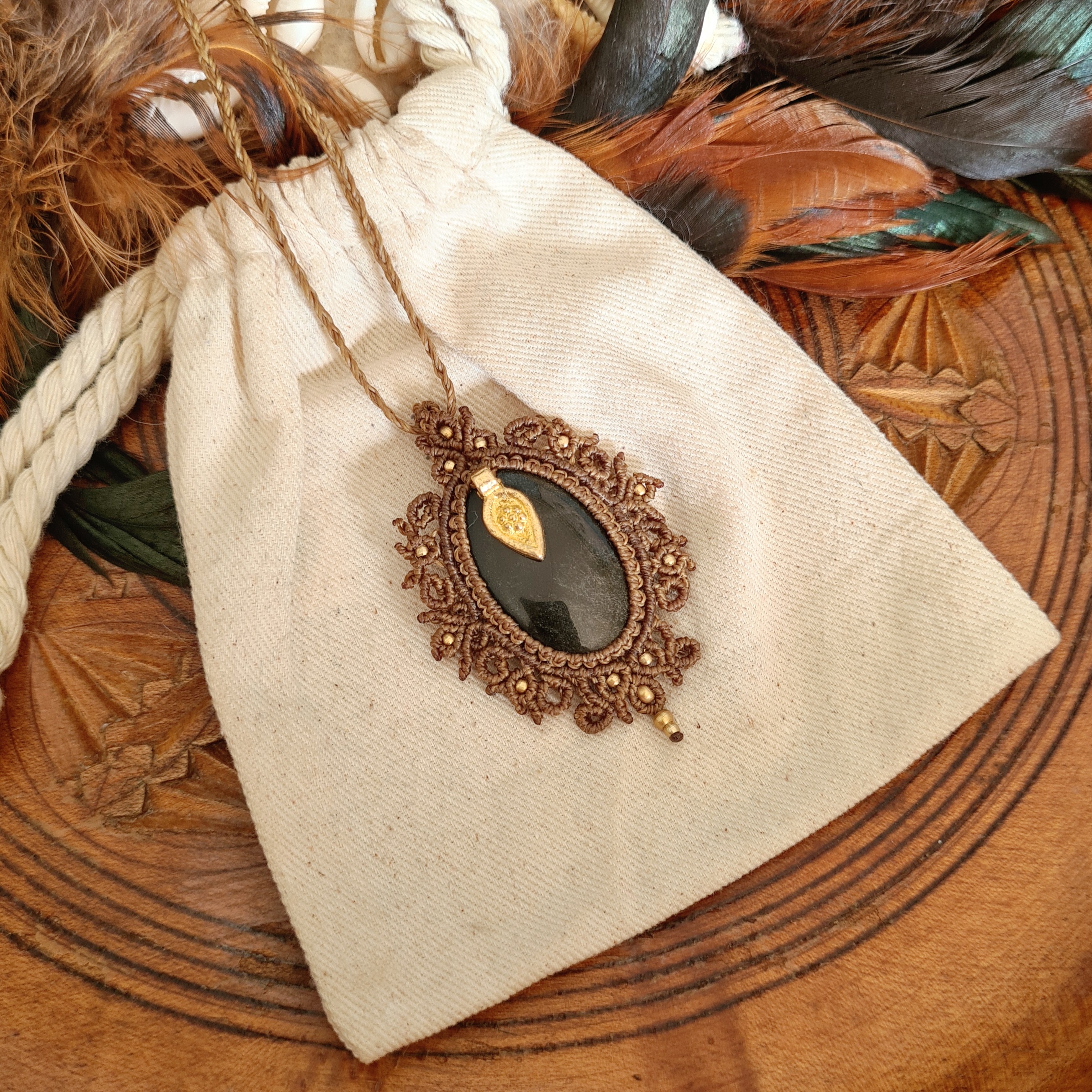 Macramé ketting Obsidiaan Gold