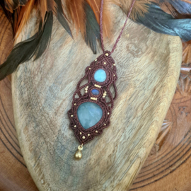 Macramé ketting Aquamarijn, Maansteen en Amazoniet