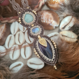 Macramé ketting Amazoniet, Maansteen en Amethist
