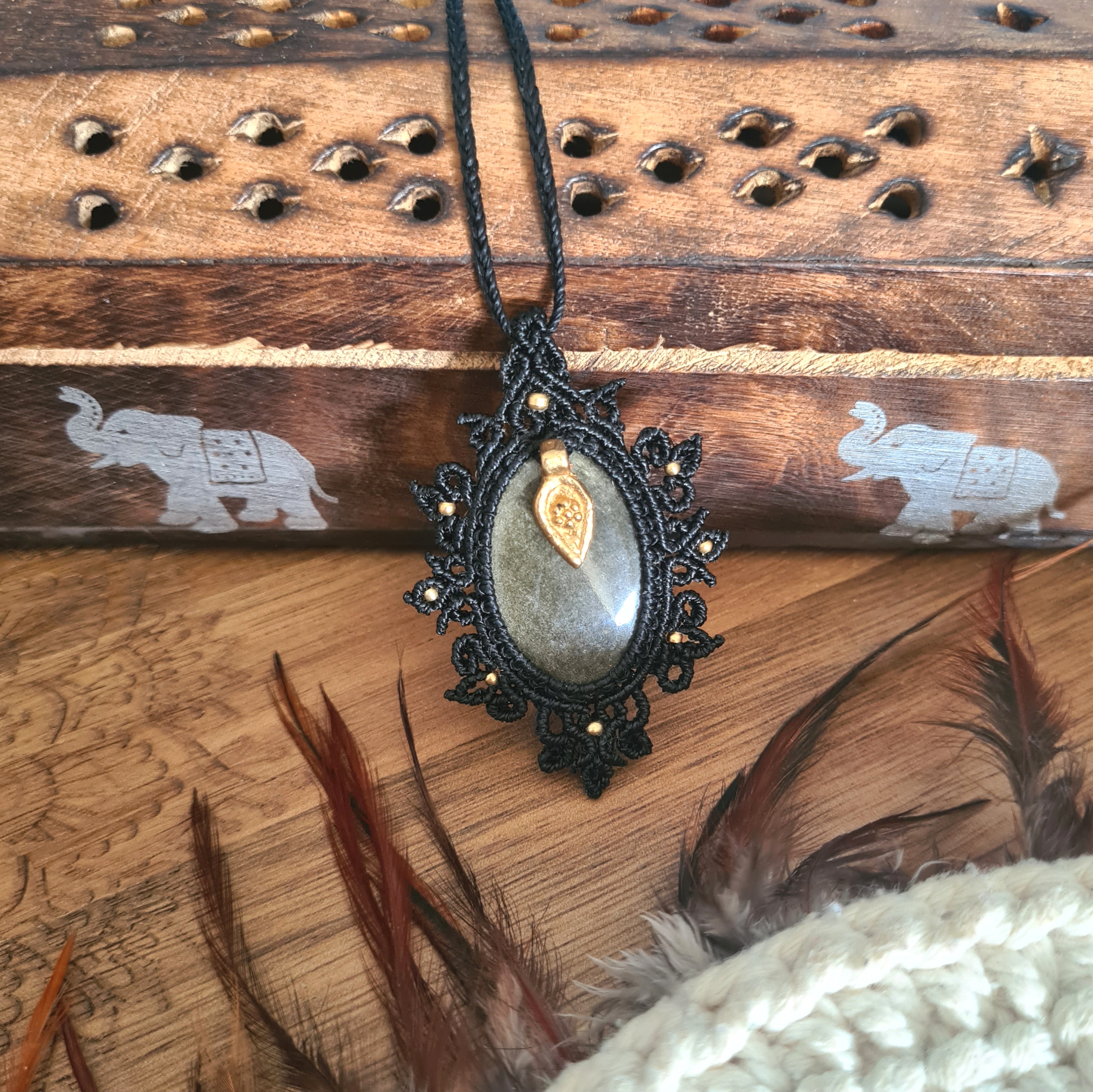 Macramé ketting Obsidiaan Gold