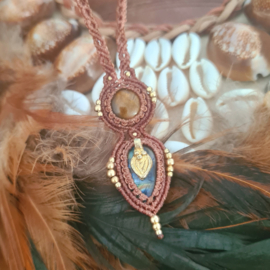 Macramé ketting Labradoriet en Tijgeroog