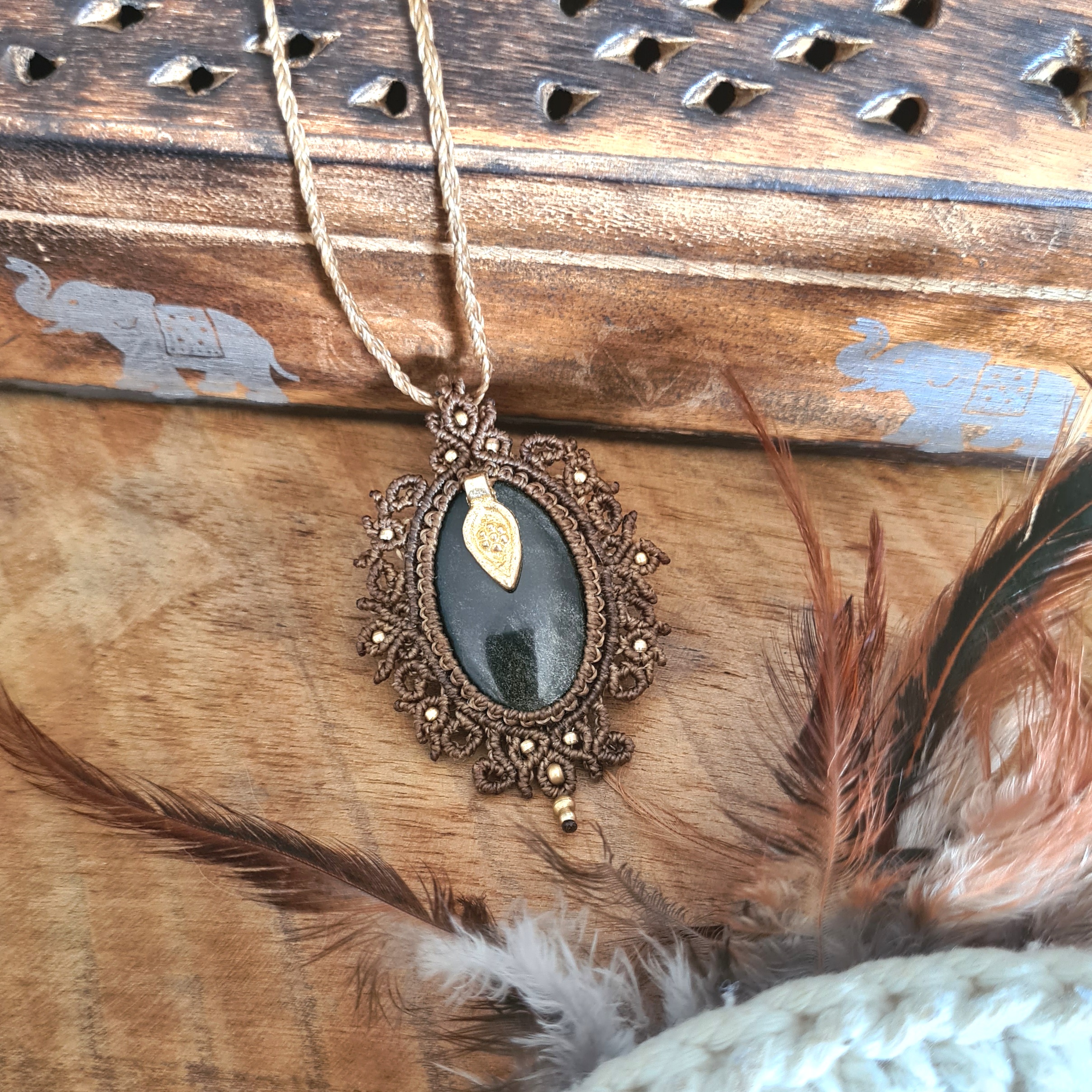 Macramé ketting Obsidiaan Gold