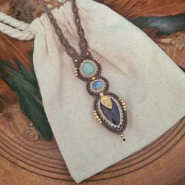 Macramé ketting Amazoniet, Maansteen en Amethist