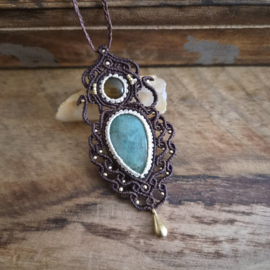Macramé ketting Aquamarijn en Tijgeroog