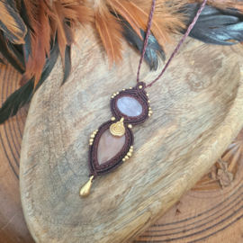 Macramé ketting  Maansteen en Bergkristal