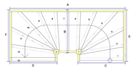 Grenen trap met onder en bovenkwart + in en uitloop (linksom)