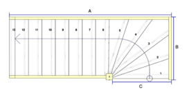 Vuren trap met onderkwart  en licht rustiek eiken treden (linksom)