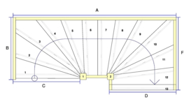 Grenen trap met onder en bovenkwart + uitloop (rechtsom)