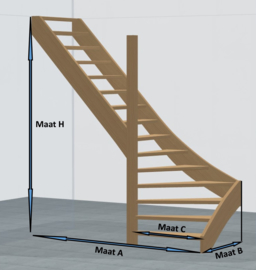 Vuren trap met onderkwart  en licht rustiek eiken treden (linksom)