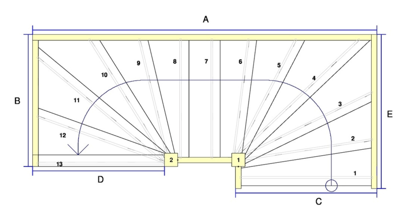 Grenen trap met onder en bovenkwart + inloop (linksom)