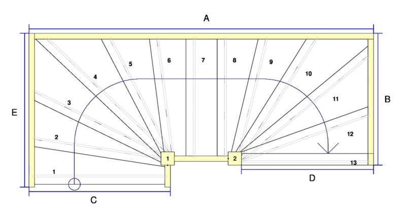 Grenen trap met onder en bovenkwart + inloop (rechtsom)