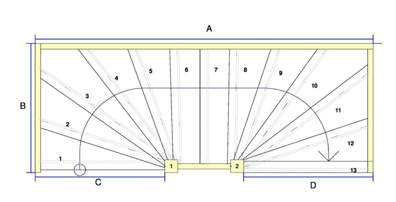 Vuren trap met onder en bovenkwart (rechtsom)
