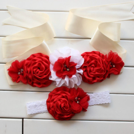 Set 2 : Bloemen Ceintuur met Haarband Rood/wit