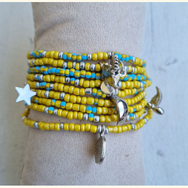Wikkelarmband geel/blauw Small Beads