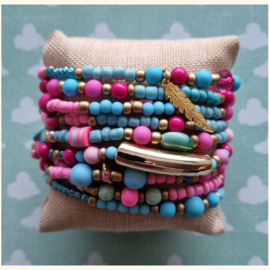 wikkelarmband Roze/Aqua/Gold