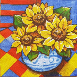 servet zonnebloem en vaas