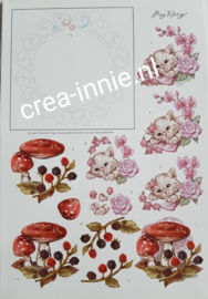 3d knipvel borduren sjaak borduurpatroon met kat met roze bloemen en paddenstoelen