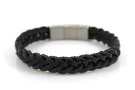 Stoere brede gevlochten zwarte heren armband met gravering.