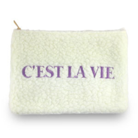 Etui van teddystof "C'EST LA VIE" Off white-purple