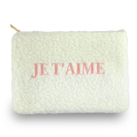 Etui van teddystof "JE T'AIME" Off white-light pink