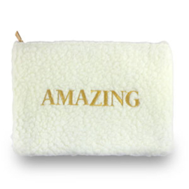 Etui van teddystof "AMAZING" Off white-gold