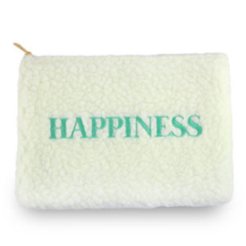 Etui van teddystof "HAPPINESS" Off white-green